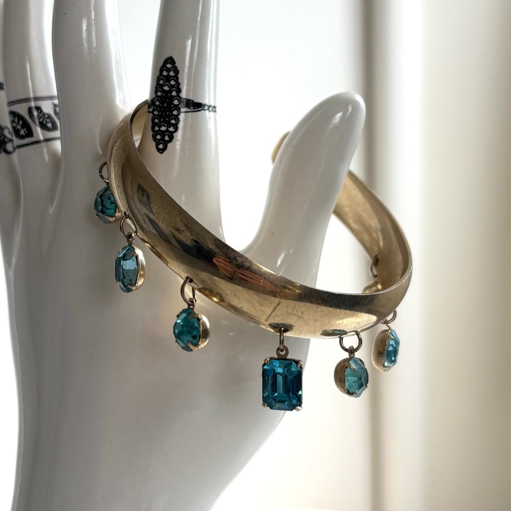 Vintage Gold Cuff Bracelet with Teal Blue Rhinestone Dangle Charms